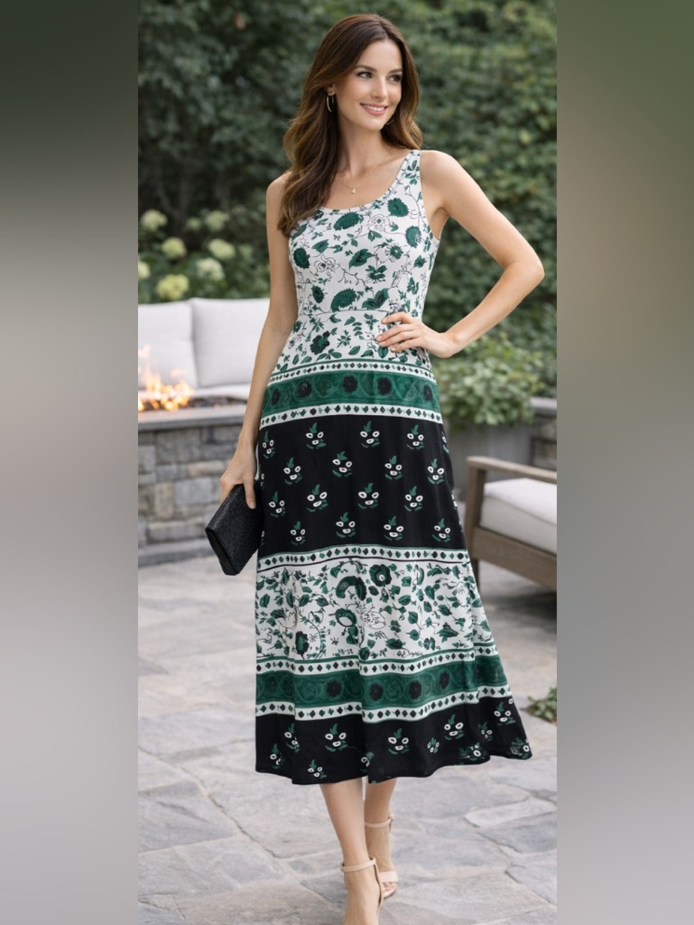 Green Boho Sleeveless Dress Soft Stretch A Line Sz Large - Picture 2 of 13